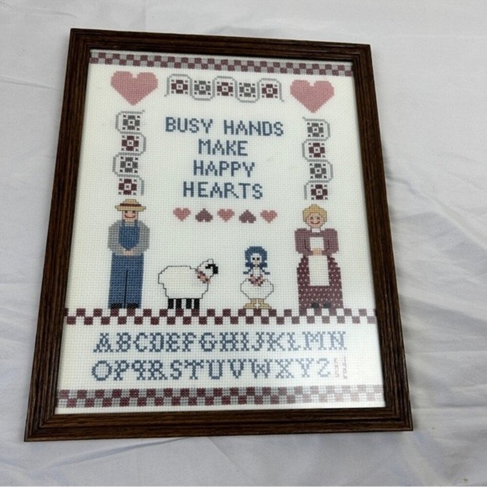 Vintage cross stitch art work “busy hands make happy heart” 12”x15” farm theme
